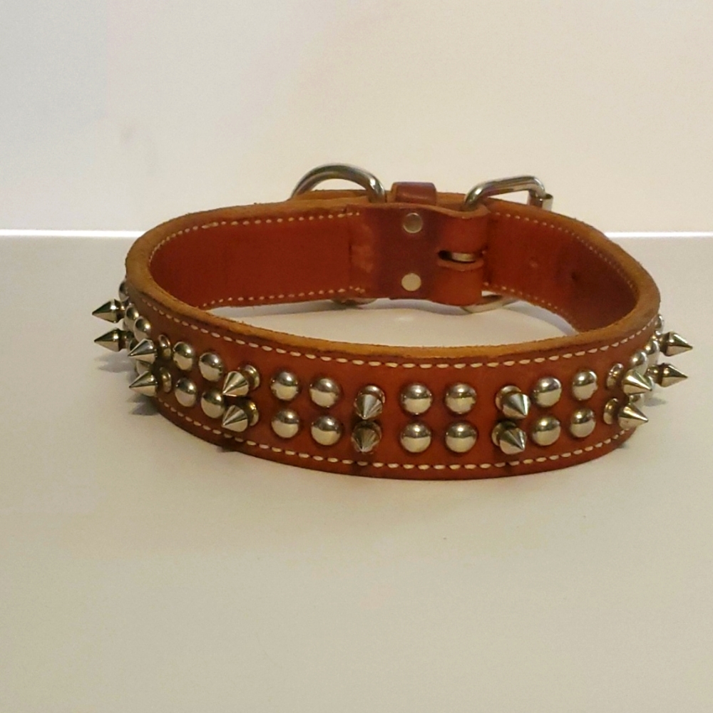 Custom Leather Dog Collar With Studs and Spikes. Size 20 inch.
